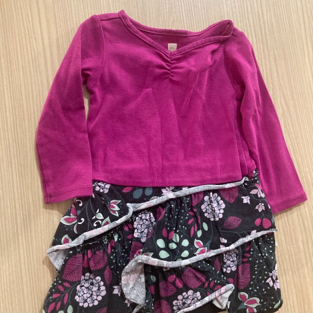Tea Collection Pink and Gray Floral Print Dress 6-12 Month Long Sleeve Cotton